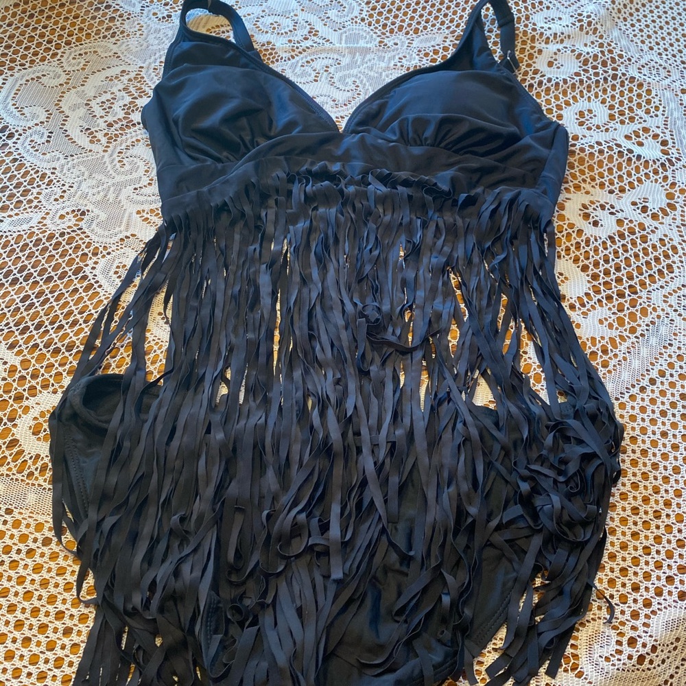 Black Two Piece size Large Tankini with fringe